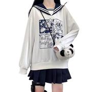 ZYSWCHB Sudadera para mujer Suéter con estampado japonés para niñas, estilo universitario dulce, cuello azul marino, blusas sueltas de manga larga para primavera y otoño(White,XL)