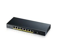 Zyxel Switch PoE Gigabit de 8 puertos | Gestión inteligente | De sobremesa/Montaje mural y sin ventilador | 8 puertos PoE+ con presupuesto de 77 vatios y 2 puertos SFP |VLAN, IGMP, QoS| Garantía de por vida [GS1900-10HP]