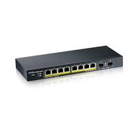 Zyxel Switch PoE Gigabit de 8 puertos | Gestión inteligente | De sobremesa/Montaje mural y sin ventilador | 8 puertos PoE+ con presupuesto de 77 vatios y 2 puertos SFP |VLAN, IGMP, QoS| Garantía de por vida [GS1900-10HP]
