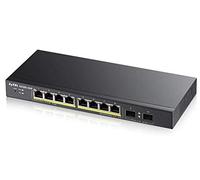 Zyxel Switch PoE Gigabit de 8 puertos | Gestión inteligente | De sobremesa/Montaje mural y sin ventilador | 8 puertos PoE+ con presupuesto de 77 vatios y 2 puertos SFP |VLAN, IGMP, QoS| Garantía de por vida [GS1900-10HP]