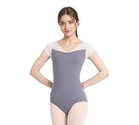ZYXWVU Maillot Danza Ballet Manga Corta Leotardos Gimnasia Ritmica para Mujer con Cuello en V, DG5521-gris,XS