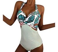 ZYYZDM Ladies Colorblock Printed High Waist Swimsuit European American V-Neck Swimsuit Floral Print Bikini Swimsuit Swimwear