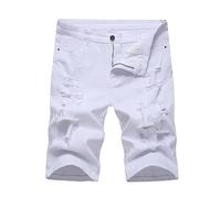 ZYYZDM Men's White Ripped Stretch Denim Shorts Summer Holes Distressed Jeans Knee Length Breeches