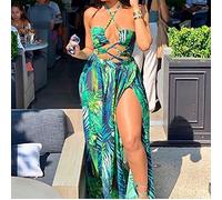 ZYYZDM Print Green Leaves Chiffon Beach Long Dress Women Halter High Split Bikini Swimsuit Bathing Suit Cover Up Dress Be