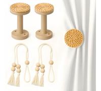 ZYZX Paquete de 2 soportes de cortina bohemios, alzapaños de madera de ratán montados en la pared con cuerda de borla, ganchos decorativos para cortinas con tornillos para tratamiento de ventanas y