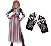 ZZ DISFRAZZES | Disfraz Catrina Mujer, Kit de Día de los Muertos Mujer con accesorios - Disfraz Esqueleto Mexicano con guantes Adulto para Halloween (Talla S)
