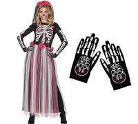 ZZ DISFRAZZES | Disfraz Catrina Mujer, Kit Disfraz Día de los Muertos Mujer con accesorios - Disfraz Esqueleto Mexicano Mujer con guantes Adulto para Halloween