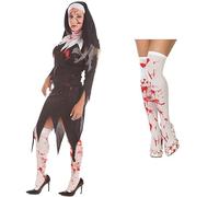 ZZ DISFRAZZES | Disfraz Monja Zombie Mujer, Kit de Muerto Viviente Monja Mujer con Medias - Disfraz Novicia Zombie Adulto para Halloween (Talla M/L)