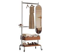 ZzERTE Perchero Burro De Doble Barra De Metal,Perchero Recibidor Con Espejo & Ruedas,Organizador,Perchero Burro,Con Un Estante De Almacenamiento(Brown,80cm/31.5in)