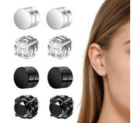 ZZHBOO 8 Pares de Pendientes Magnéticos sin Agujero para Hombre y Mujer - Clip de Acero Inoxidable con Diamante de Circonita, Falsos Pendientes Iman en Color Plata y Negro