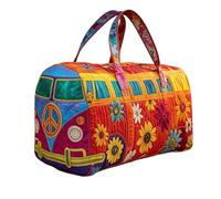 ZZHYTANG Retro Bus Quilted Weekender Bag With 3D Embroidery - Large Capacity Hippie Floral Duffel, Boho Travel Carry-on Tote, Vibrant Flower Peace Sign Overnight Bag For Gym, Holiday & Road Trip