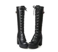 ZZQCCHL Botas Altas hasta la Rodilla con Plataforma para Mujer Botas Altas ecuestres con Cordones Botas Militares de tacón Medio bajo,Negro,38 EU