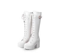 ZZQCCHL Botas Altas hasta la Rodilla con Plataforma para Mujer Botas Altas ecuestres con Cordones Botas Militares de tacón Medio bajo,Blanca,35 EU