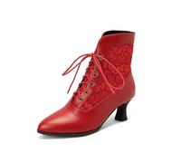 ZZQCCHL Botines Vintage para Mujer Tacón de Gatito Puntera Puntiaguda Botas de Invierno Moda Botas Cortas con Cordones para Negocios/Citas,Rojo,37 EU