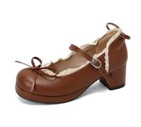 ZZQCCHL Zapatos Lolita de Plataforma de Punta Redonda para Mujer Kawaii Mary Jane con Encaje, Correa al Tobillo y Botas de Cuña para Cosplay,Marrón,37 EU