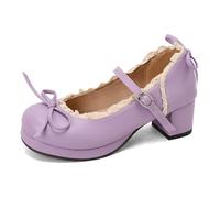 ZZQCCHL Zapatos Lolita de Plataforma de Punta Redonda para Mujer Kawaii Mary Jane con Encaje, Correa al Tobillo y Botas de Cuña para Cosplay,Púrpura,38 EU