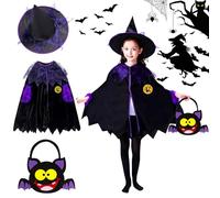 ZZQVIP Disfraz de Bruja Niña 3 Piezas - Capa Negra y Morada con Sombrero y Bolsa de Murciélago, Perfecto para Halloween, Carnaval, Fiestas Temáticas y Eventos Escolares, Talla 90-140 cm