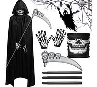 ZZQVIP Disfraz Halloween Hombre Completo - Disfraz de Muerte con Capa Negra con Capucha, Máscara de Calavera, Guantes de Esqueleto y Guadaña Ajustable - Grim Reaper Costume para Adultos