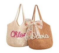 ZZTINGC Bolsos De Playa De Verano Personalizados Para Mujer, Bolso De Ganchillo De Punto Personalizado Con Nombre, Bag De Un Solo Hombro Para Vacaciones, Bag De Viaje Y Compras(Beige)