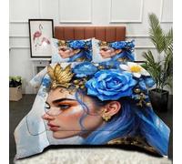 ZZXHG Edredón Grande Tamaño Queen | Chica Azul Flor, Nórdico Estampado 3D de Lujo, Transpirable y Lavable, Completo con 2 Fundas de Almohada 50x75 cm_A13013