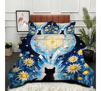 ZZXHG Edredón Grande Tamaño Queen | Gato Flor Azul, Nórdico Estampado 3D de Lujo, Transpirable y Lavable, Completo con 2 Fundas de Almohada 50x75 cm_A12701