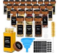 ZZXLOPEZ 24 Piezas Botes Especias Cristal, 120ml Cuadrado Spice Jars con Tapa de Madera, Botes Especieros, Spice Jars incluir Tamiz, Cepillo Limpieza, Embudo, Etiquetas y Bolígrafo