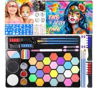 ZZXLOPEZ Pintura Facial y Corporal, 26 Colores Pintura Cara para Niños Con Pinceles, Plantillas, Diamond Stickers, Face Paint Niños, Pintacaras Infantil, Fiesta Halloween Navidad para Mardi Gras