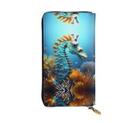 ZZYYDS Cartera larga de cuero de caballito de mar azul, 12 ranuras para tarjetas de crédito, 3 ranuras para efectivo, compartimento para monedas, unisex