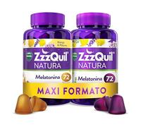 ZzzQuil Natura Gummies de Melatonina 1mg con Valeriana, Complemento Alimenticio para dormir sabor Frutos del Bosque y Mango y Plátano, 2x72 Gummies