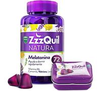 ZzzQuil Natura Gummies de Melatonina 1mg con Valeriana, Complemento Alimenticio para dormir sabor Frutos del Bosque, 72 Gummies y Cajita de Viaje
